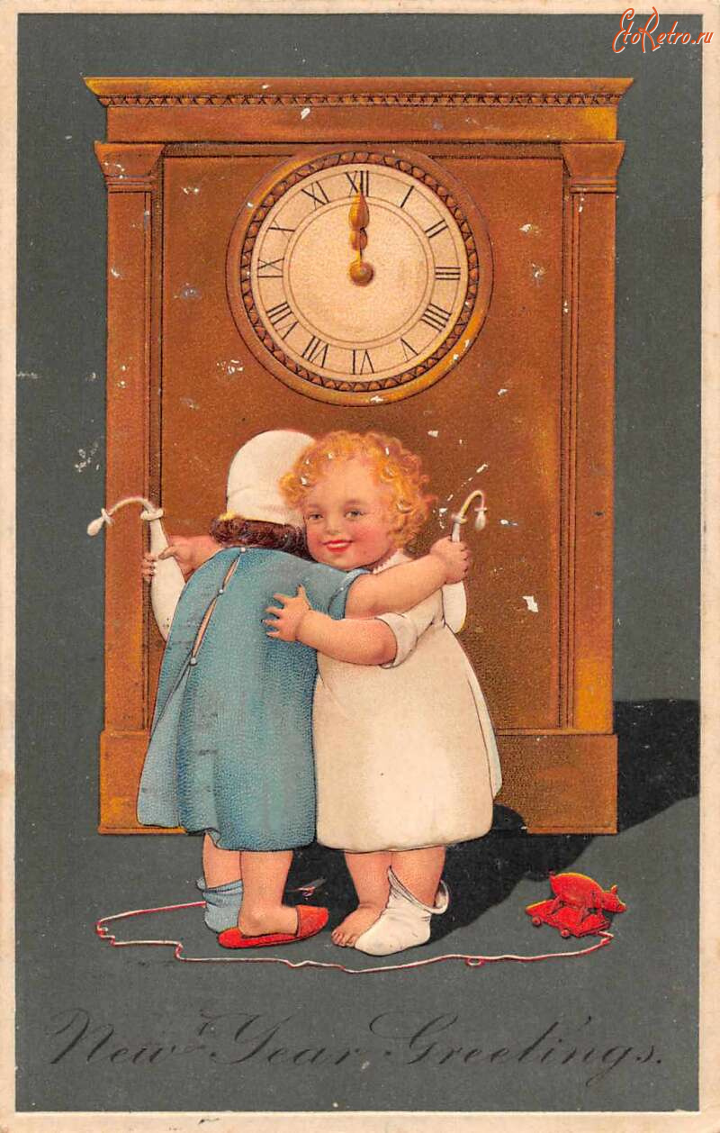 Ретро открытки - С Новым Годом, Дети и часы