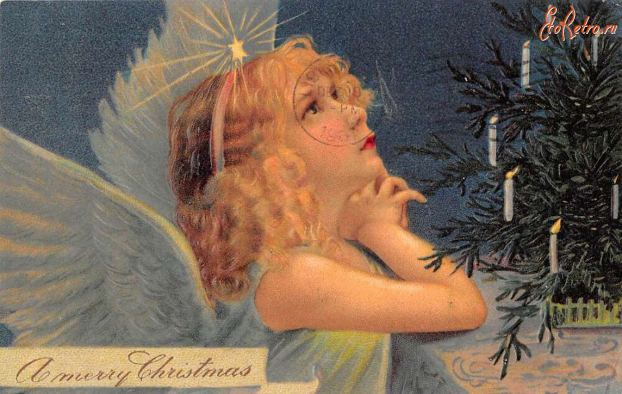 Ретро открытки - С Рождеством, Ангел и ёлочные огни
