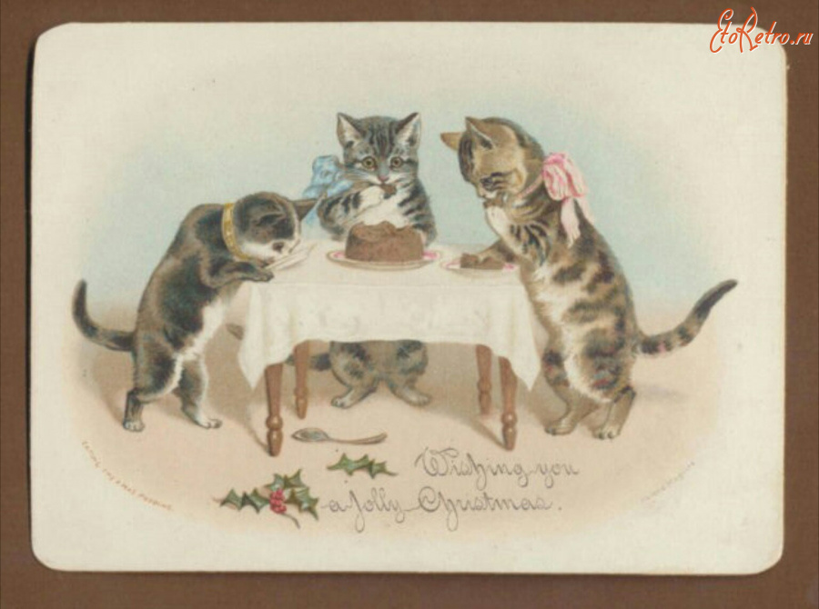 Ретро открытки - С Рождеством, Котята и Рождественский пудинг