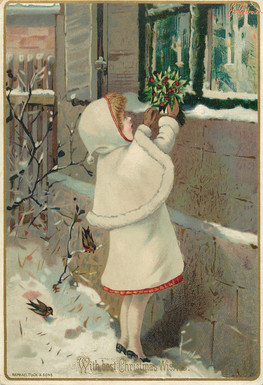 Ретро открытки - С Рождеством, Девочка с букетом остролиста