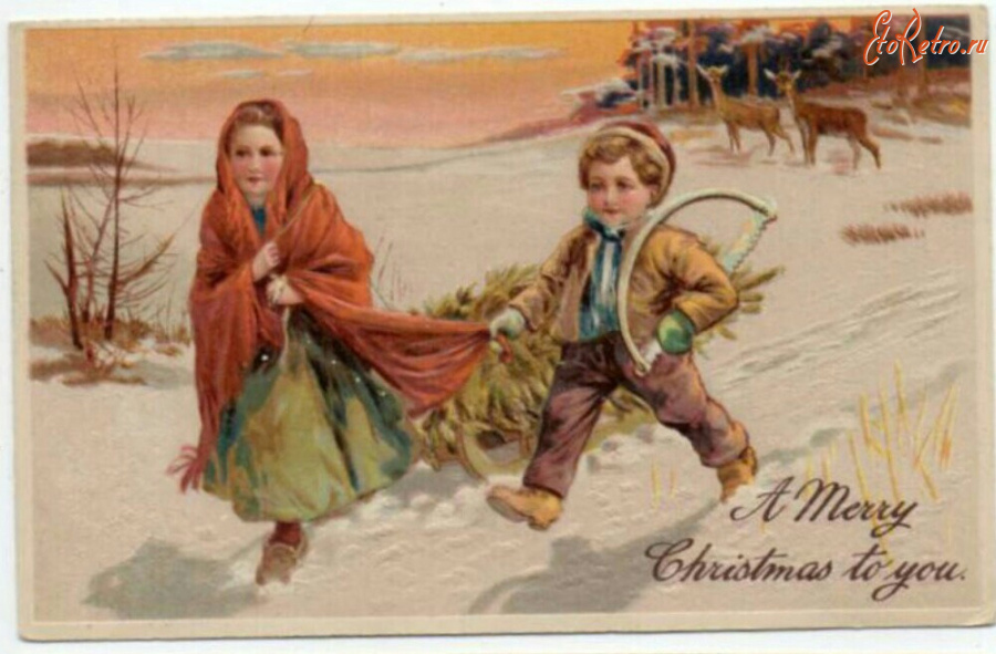 Ретро открытки - Рождественские дети, В лес за ёлкой