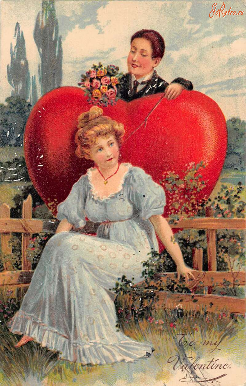 Ретро открытки - Валентинка, Девушка в голубом платье и кавалер с большим сердцем