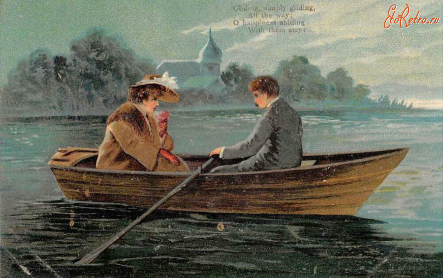 Ретро открытки - Мужчина и женщина в лодке на реке