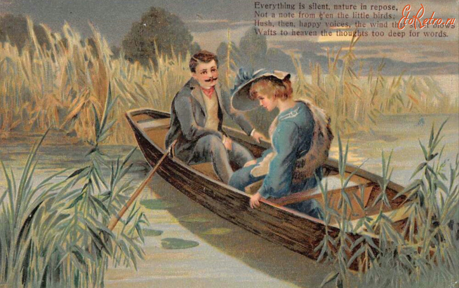 Ретро открытки - Романтическая сцена с лодкой на реке