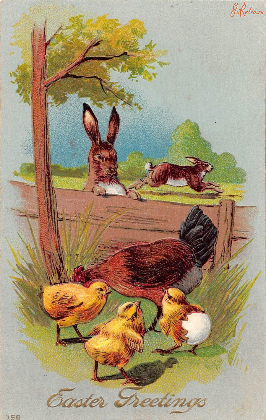 Ретро открытки - Счастливой Пасхи. Курица с цыплятами и кролики