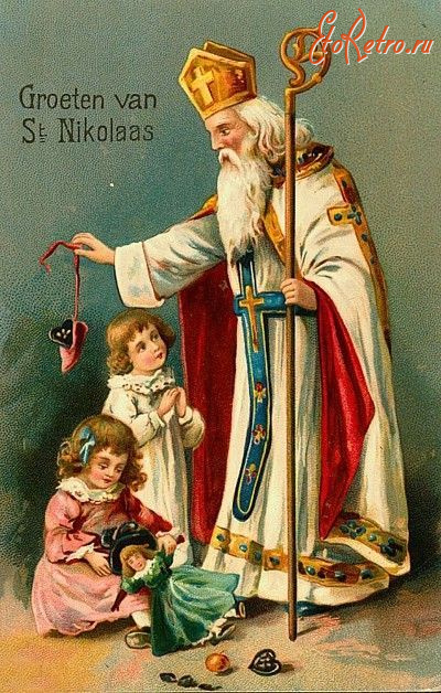 Ретро открытки - Ретро-поштівка.  Святий Миколай роздає  дітям подарунки.