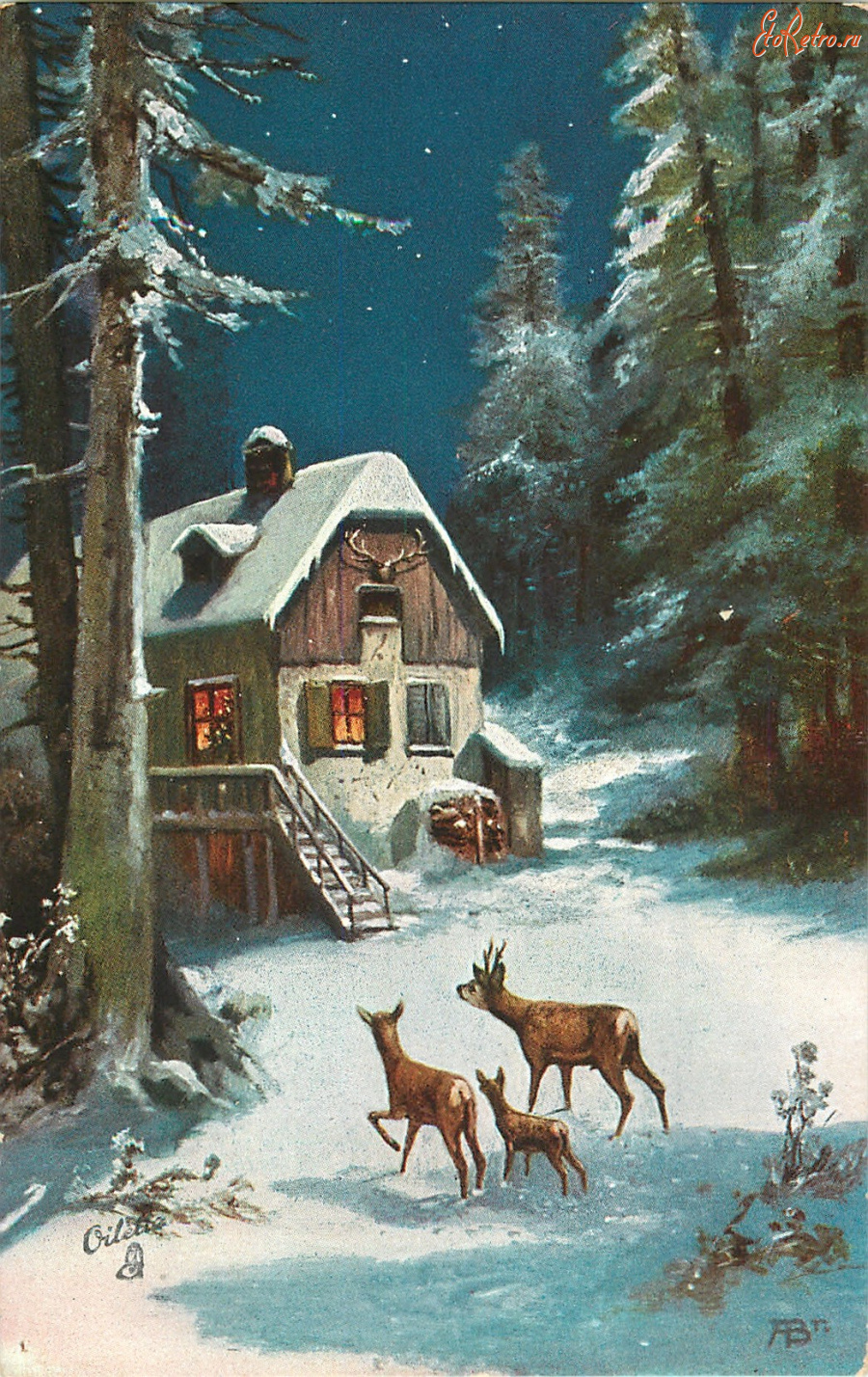 Ретро открытки - Три оленя у домика в лесу