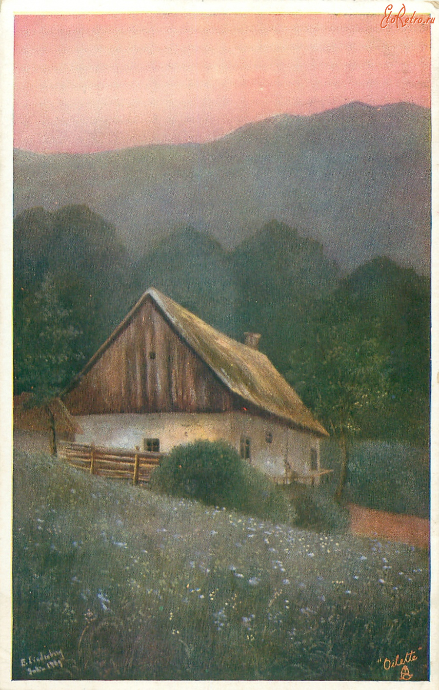 Ретро открытки - Эуген Линденберг. Горный пейзаж. Дом в горах на закате