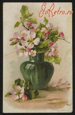 Ретро открытки - Ретро-поштівка.  Квіти в зеленій вазі. Польша.