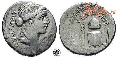 Старинные деньги (бумажные, монеты) - Денарий Тита Каризия с изображением Юноны-Монеты и инструментами монетной чеканки (46 год до н. э.)