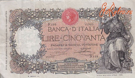 Старинные деньги (бумажные, монеты) - Италия, банкнота 50 лир 1919 года