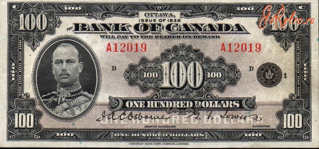 Старинные деньги (бумажные, монеты) - Бона - 1935 Банк Канады $100