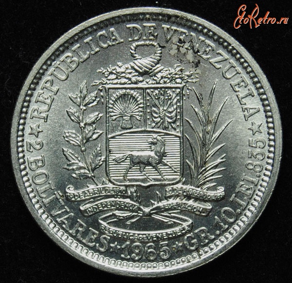 Старинные деньги (бумажные, монеты) - Монета ВЕНЕСУЭЛА 2 боливара Серебро UNC 1965