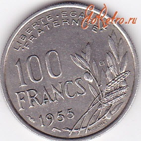 Старинные деньги (бумажные, монеты) - 100 франков 1955г.Франция