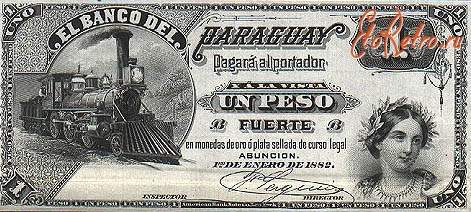 Старинные деньги (бумажные, монеты) - Банкнота 1 песо с изображением паровоза.Парагвай. 1882г.