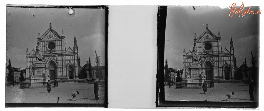 Флоренция - Stereo photo of Santa Croce church and square with the monument of Dante Alighieri in Florence.