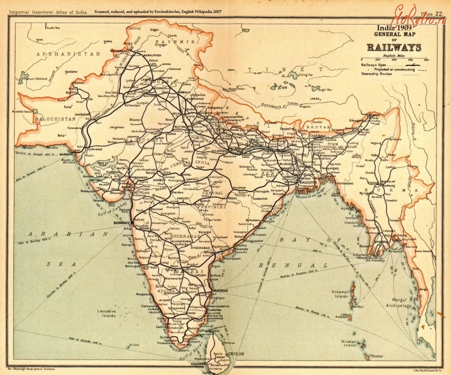 Железная дорога (поезда, паровозы, локомотивы, вагоны) - Карта железных дорог Индии 1909 г.