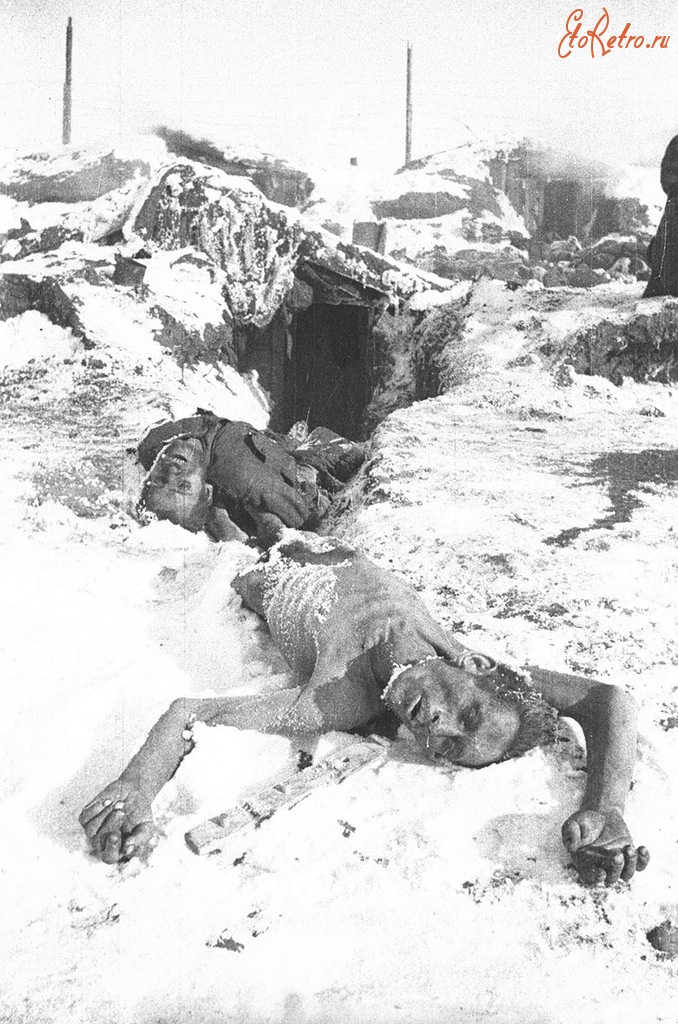 Войны (боевые действия) - Погибшие под Сталинградом немецкие солдаты у входа в землянку.