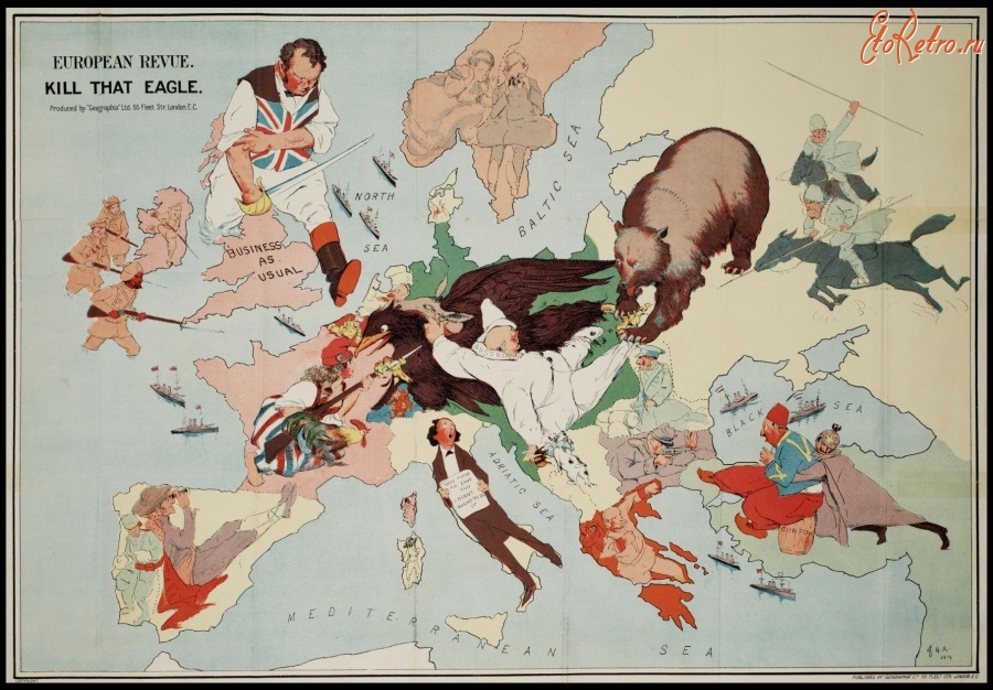 Карты стран, городов - Сатирическая карта Европы периода Первой Мировой войны.