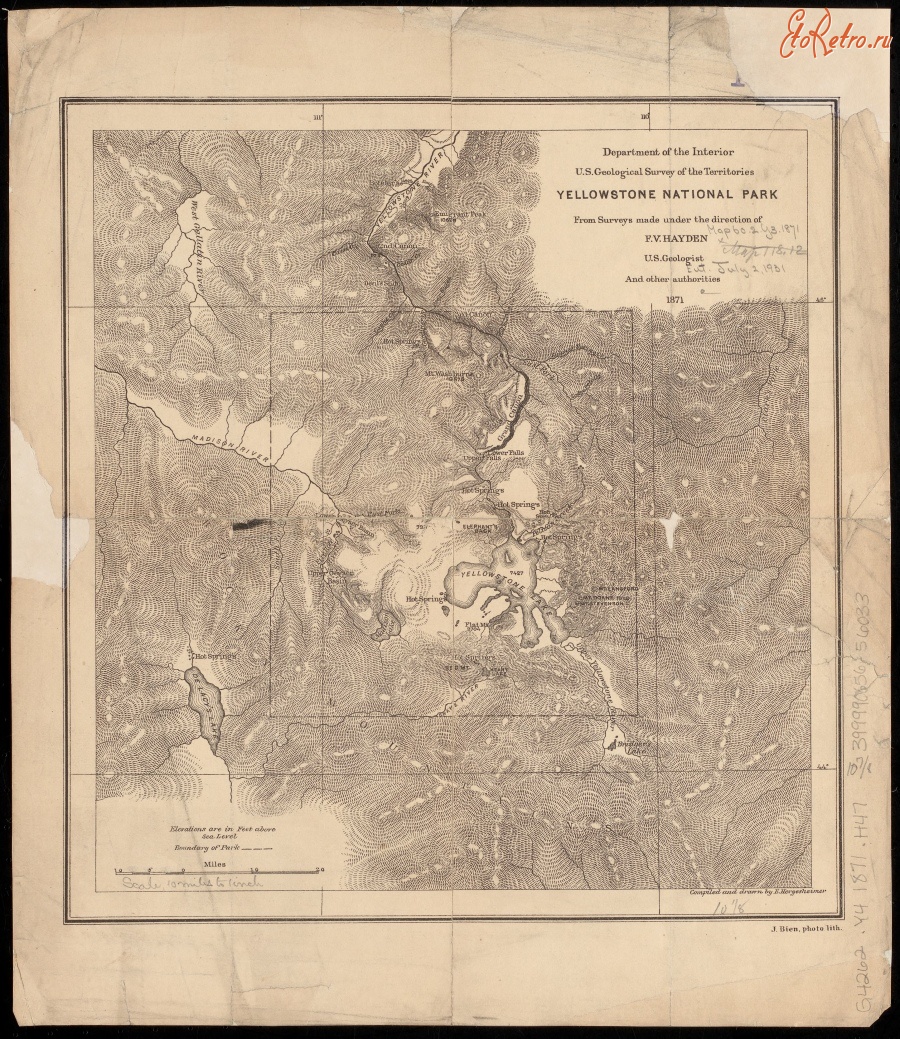 Карты стран, городов - Карта Йеллоустонского Национального Парка, 1871