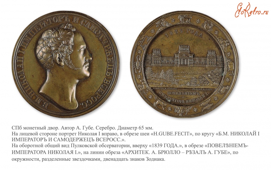Медали, ордена, значки - Настольная медаль «На открытие Главной обсерватории в Пулкове» (1839 год)