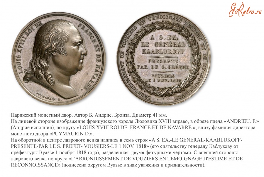 Медали, ордена, значки - Памятная медаль «В честь генерала Платона Ивановича Каблукова» (1818 год)