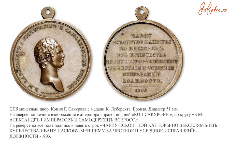 Медали, ордена, значки - Наградная именная медаль «За честное и усердное исправление должности» (1803 год)