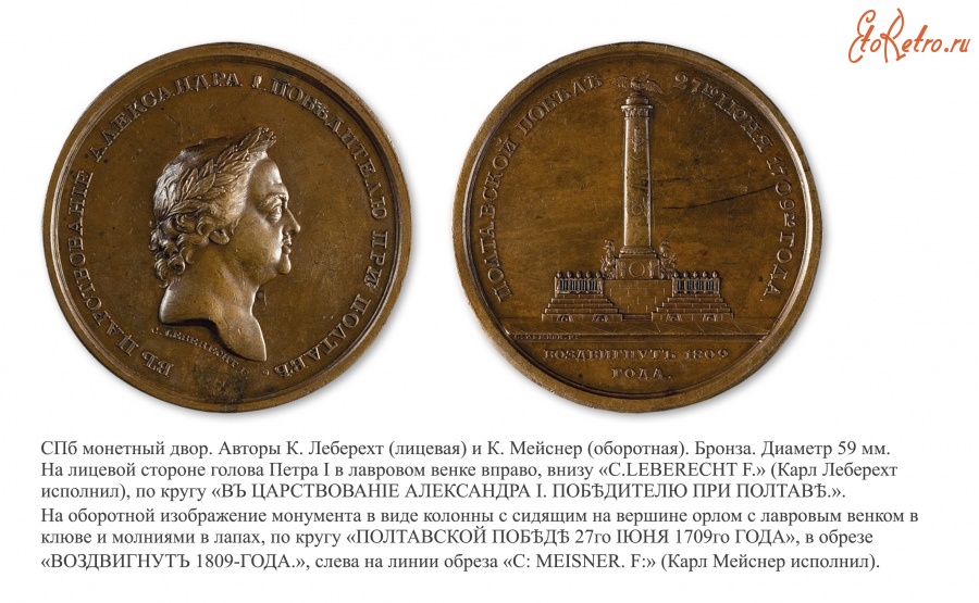 Медали, ордена, значки - Памятная медаль «На открытие в Полтаве монумента к 100-летию Полтавской битвы» (1809 год)