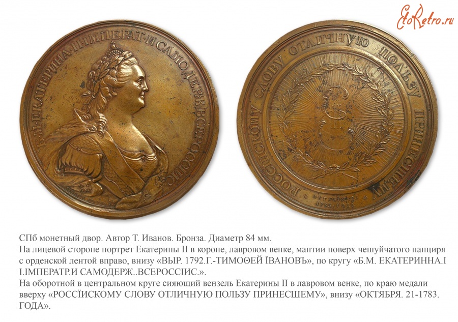 Медали, ордена, значки - Екатерина II. Наградная медаль Императорской Российской Академии.