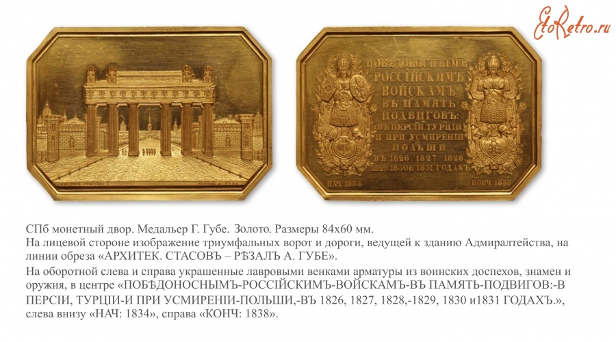 Медали, ордена, значки - Плакета «В память открытия Московских триумфальных ворот в Санкт-Петербурге» (1838 год)