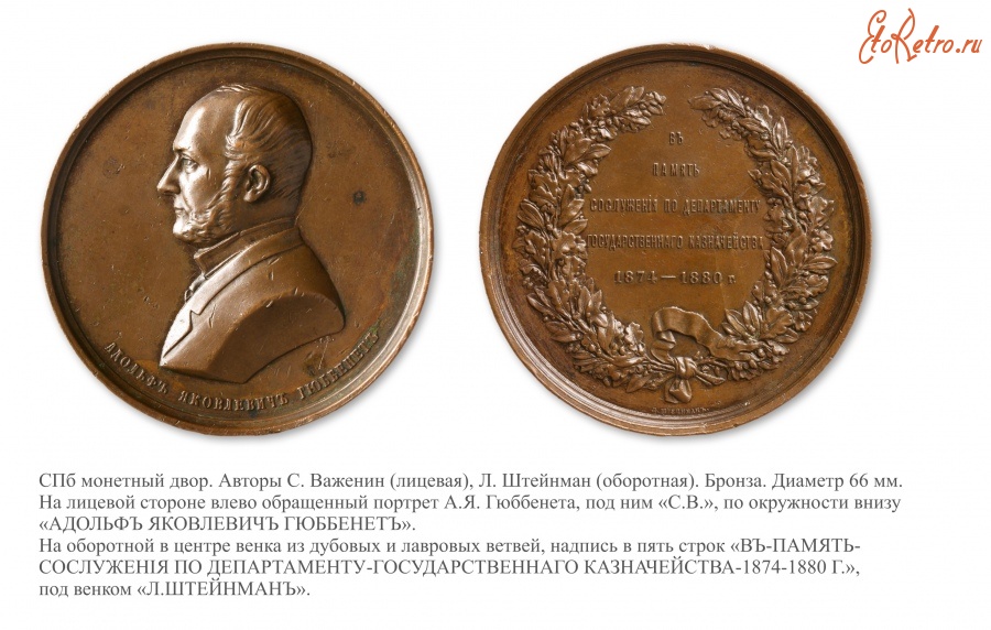 Медали, ордена, значки - Медаль «В память службы в департаменте Государственного казначейства А.Я. Гюббенета»