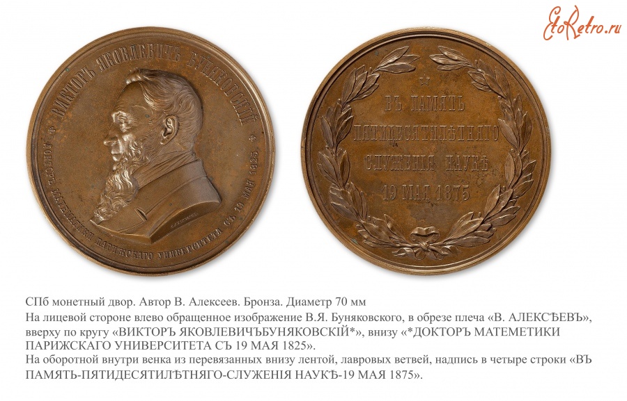 Медали, ордена, значки - Медаль «В честь вице-президента Императорской Академии наук В. Буняковского»