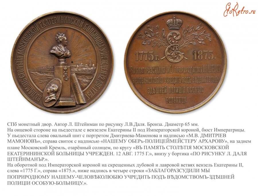 Медали, ордена, значки - Медаль «В память 100-летия Московской Екатерининской больницы»