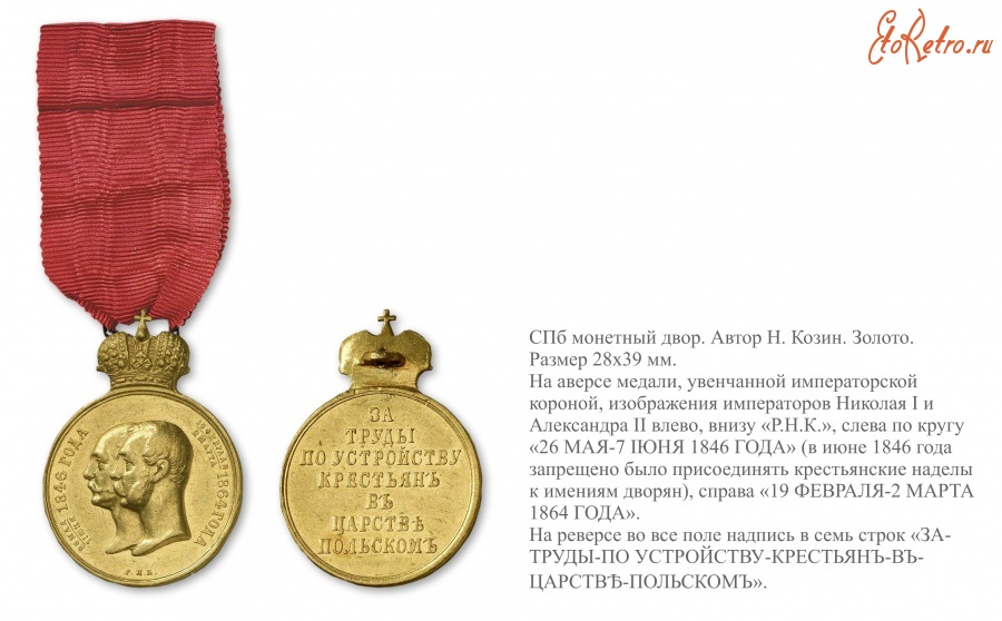 Медали, ордена, значки - Наградная медаль «За труды по устройству крестьян в Царстве Польском» (1865 год)