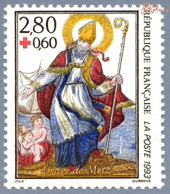 Медали, ордена, значки - Святий Миколай на поштовій марці Франції. 1993 рік.