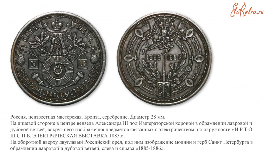 Медали, ордена, значки - Медаль «В память электрической выставки в Санкт-Петербурге в 1885-1886 годах»