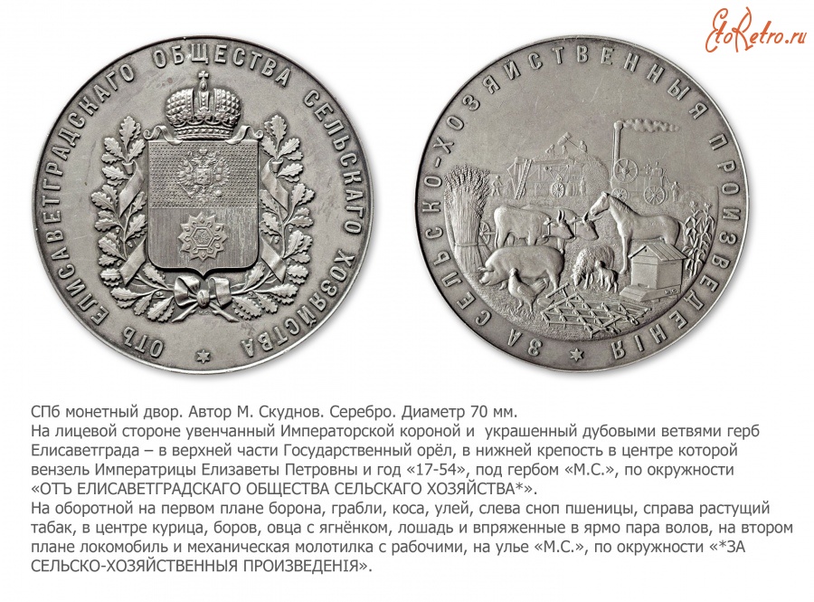 Медали, ордена, значки - Медаль Елисаветградского общества сельского хозяйства