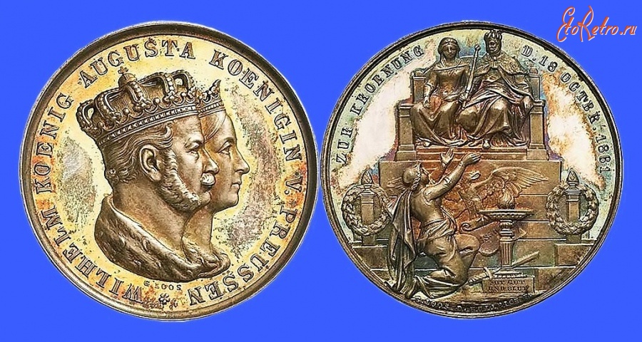 Медали, ордена, значки - Кёнигсберг. Медаль в честь коронации Вильгельма I Фридриха Людвига и Августы Марии Луизы Катерины Саксен-Веймар-Эйзенахской в Кёнигсберге, 1861 год.