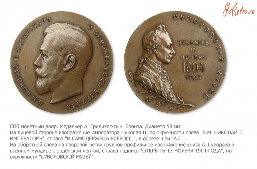 Медали, ордена, значки - Медаль в память открытия Суворовского музея