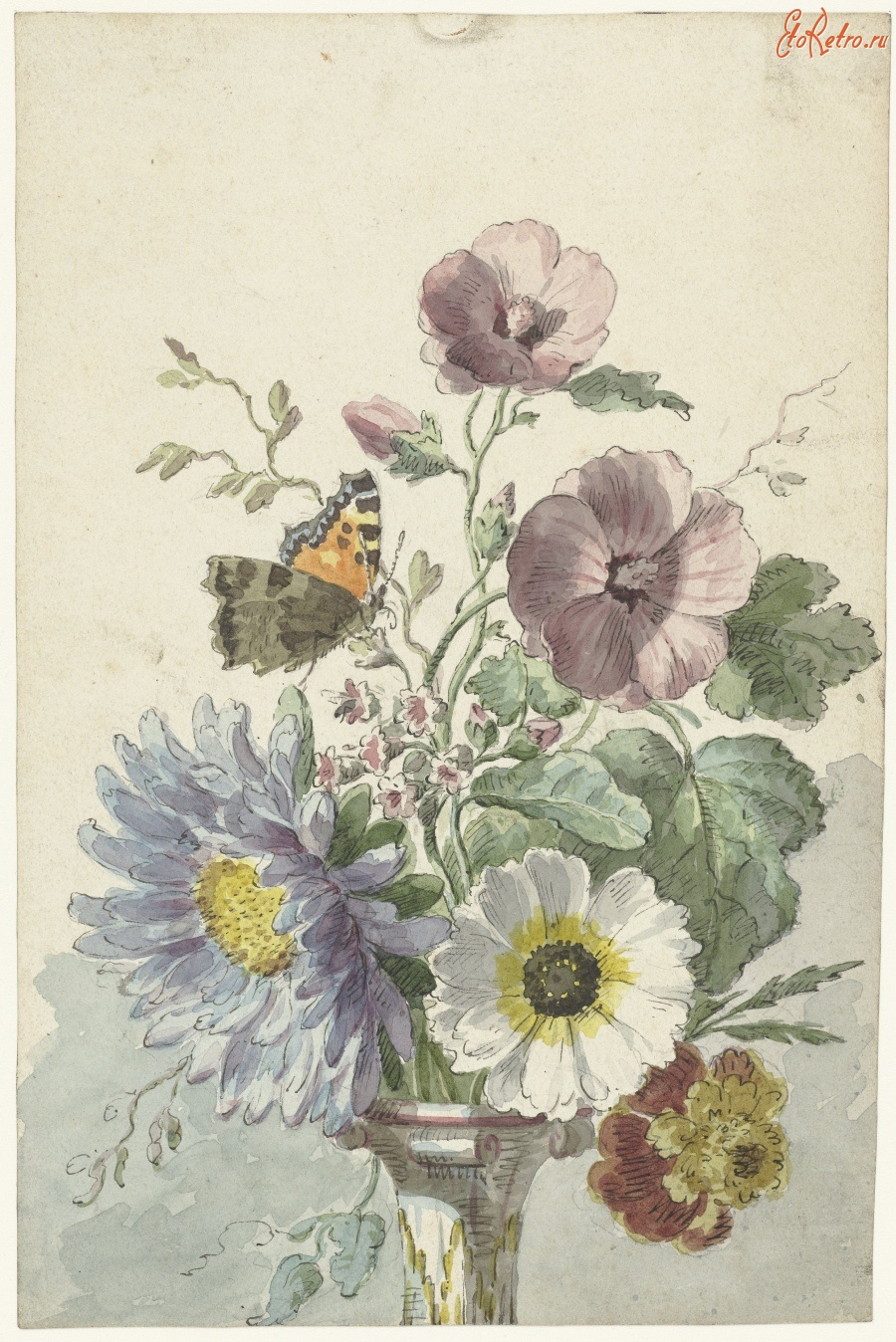 Картины - Букет цветов с бабочками
