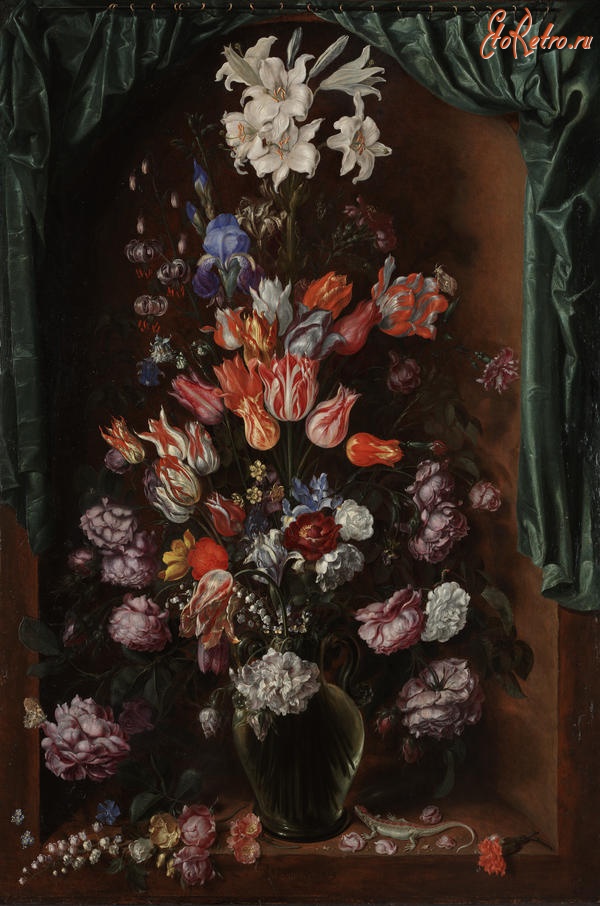 Картины - Цветы в вазе и зелёная занавеска, 1615