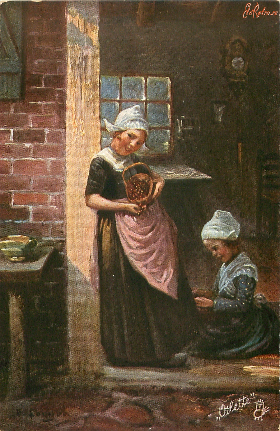 Картины - Девушка с корзиной ягод и девочка на пороге дома