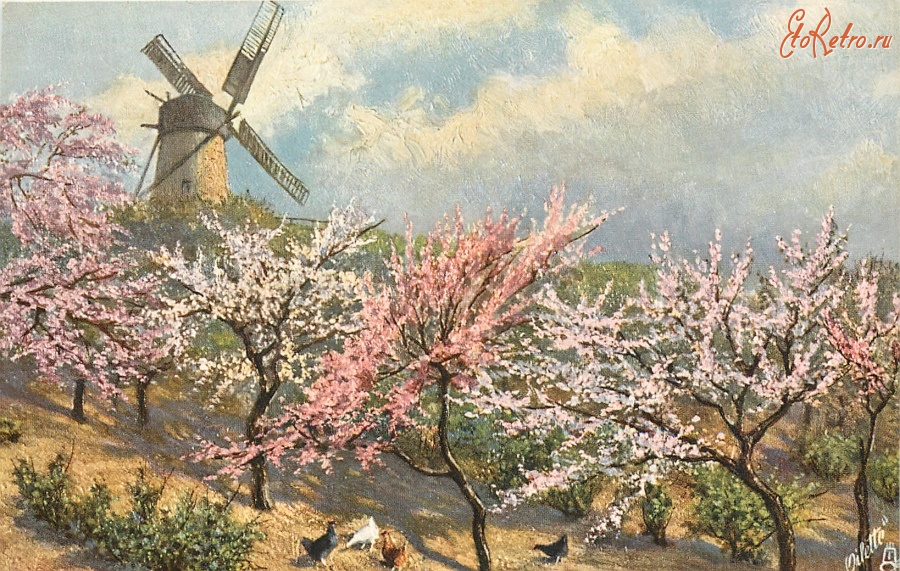 Картины - Цветущий сад и ветряная мельница