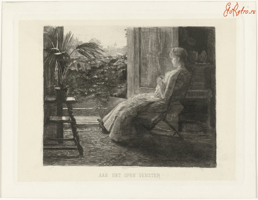Картины - Молодая женщина с вышивкой у открытого балкона