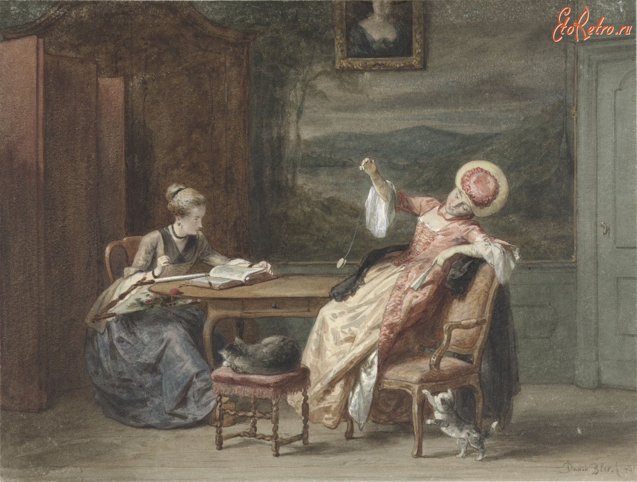 Картины - Две молодые женщины за столом в интерьере