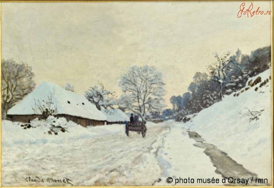 Картины - Повозка. Дорога под снегом в Онфлёре