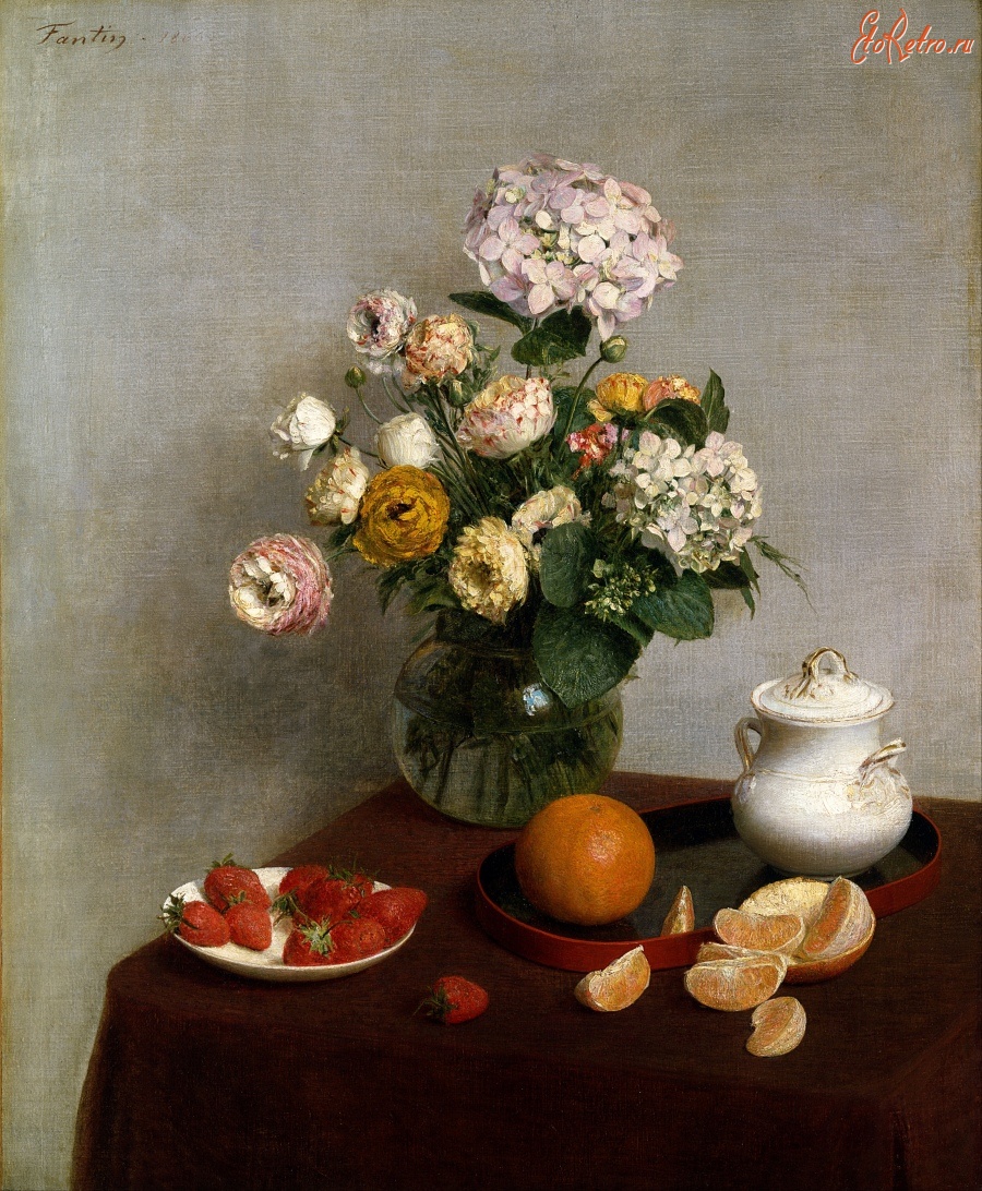 Картины - Натюрморт Цветы в вазе и фрукты на столе