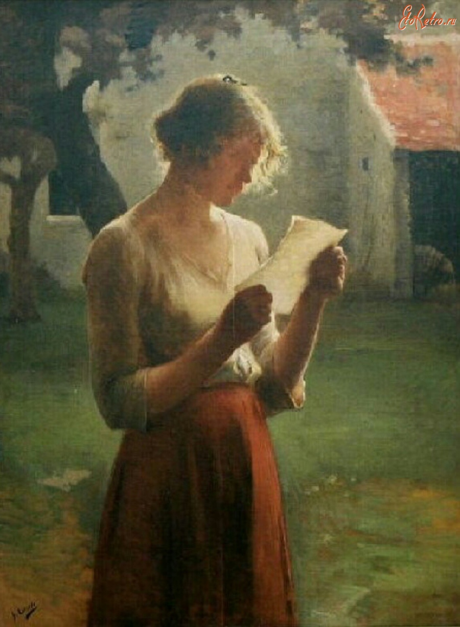 Картины - Генри Лероль. Девушка с письмом на фоне сельского дома