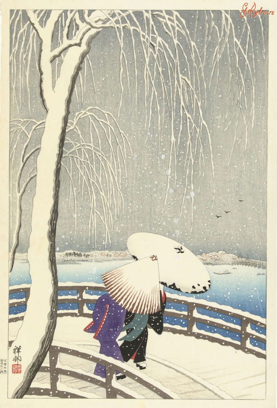 Картины - Две женщины под снегом на мосту у Янагибаши