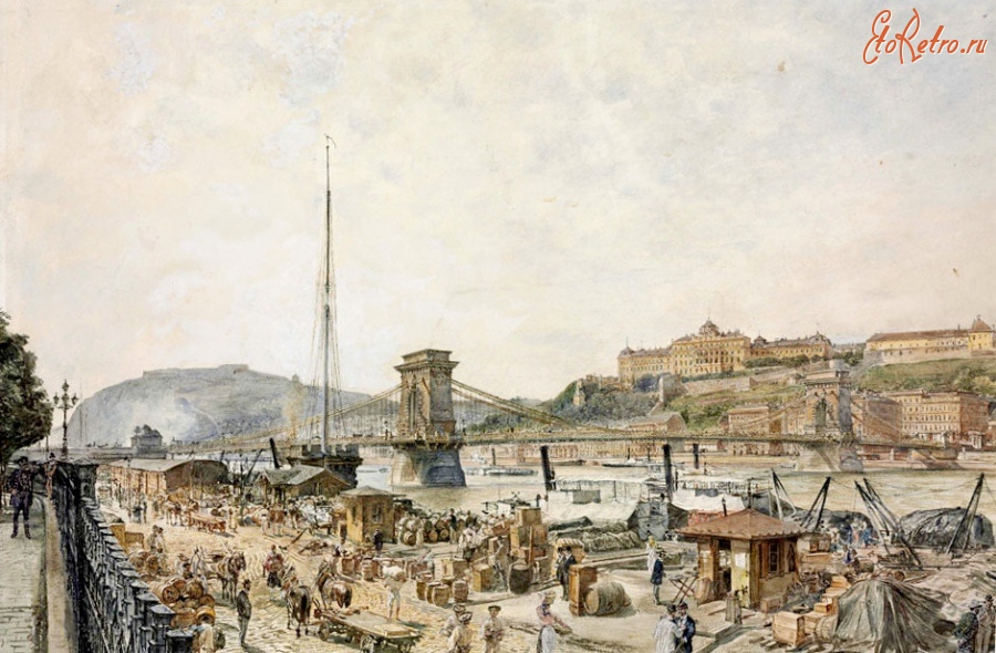 Картины - Картини.  Вид  на Будапешт з Ланцюговим мостом і Королівським палацом. Рудольф фон Альт.